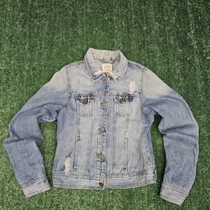 Freestyle Revolution Women's Distressed Button Up Denim Jean Jacket Size M